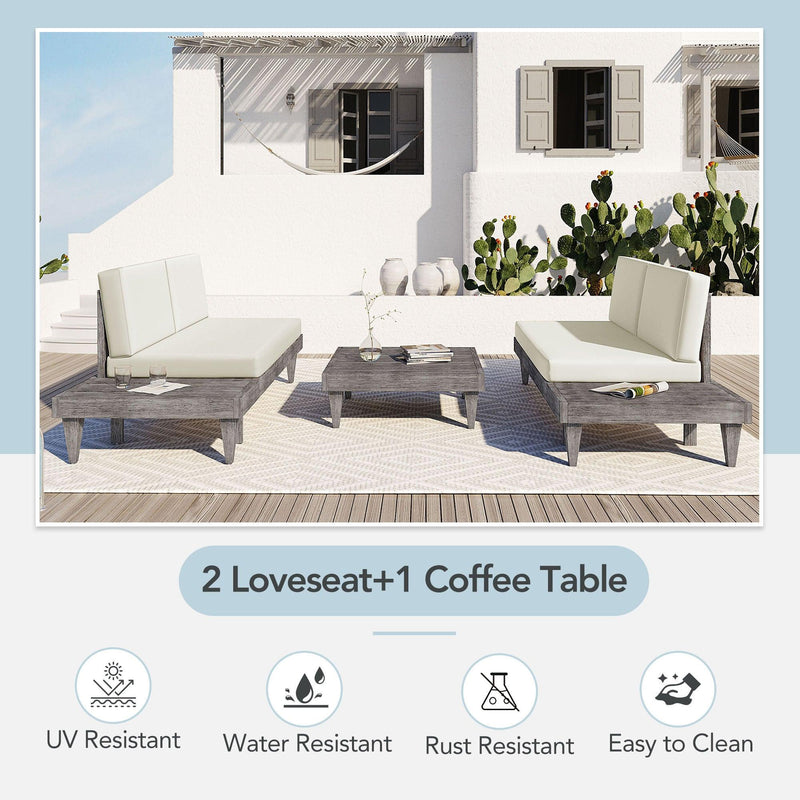 3 PCS Outdoor Patio Furniture Set Solid Wood Sectional Sofa Set with Coffee Table, Side Table, and Beige Cushions