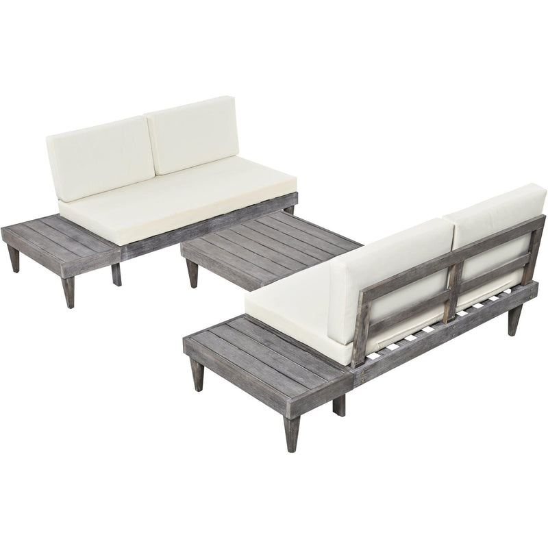 3 PCS Outdoor Patio Furniture Set Solid Wood Sectional Sofa Set with Coffee Table, Side Table, and Beige Cushions