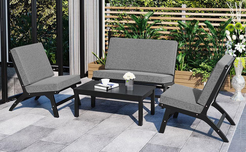 4 PCS Outdoor Patio V-shaped Black Acacia Solid Wood and Gray Cushions