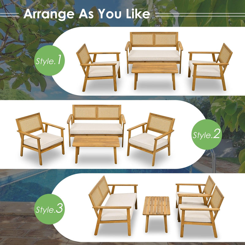 4 PCS Outdoor Living Space Acacia Wood Furniture Set with Mesh Design and Beige Cushions - Urban Living Furniture (Los Angeles, CA)