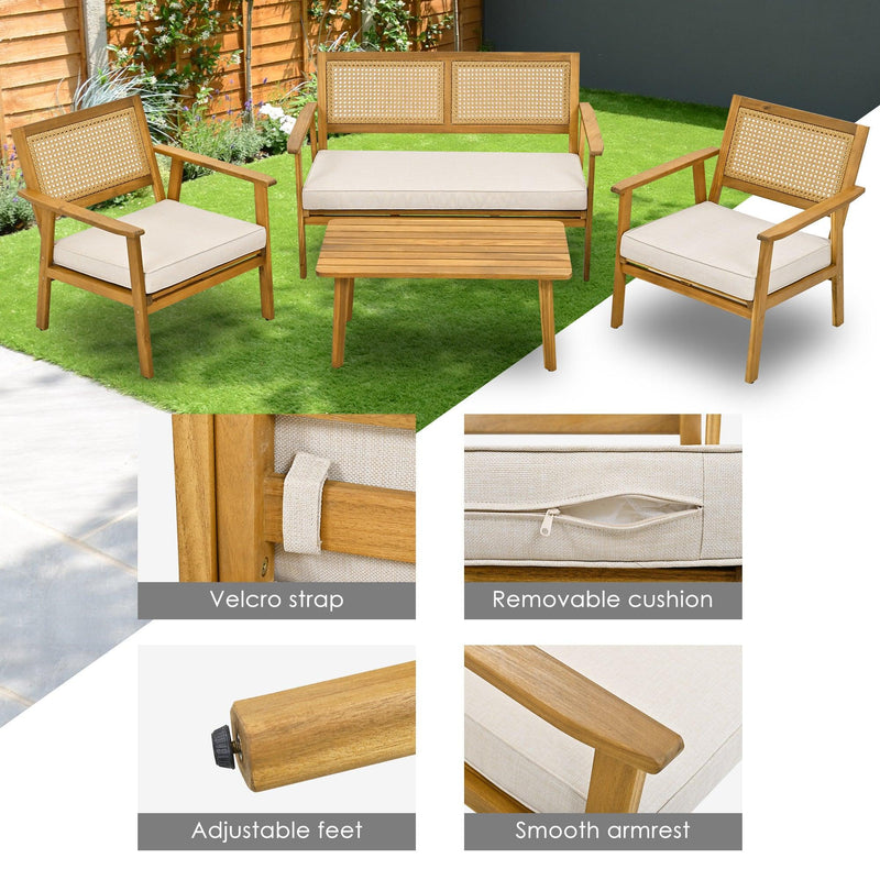 4 PCS Outdoor Living Space Acacia Wood Furniture Set with Mesh Design and Beige Cushions - Urban Living Furniture (Los Angeles, CA)