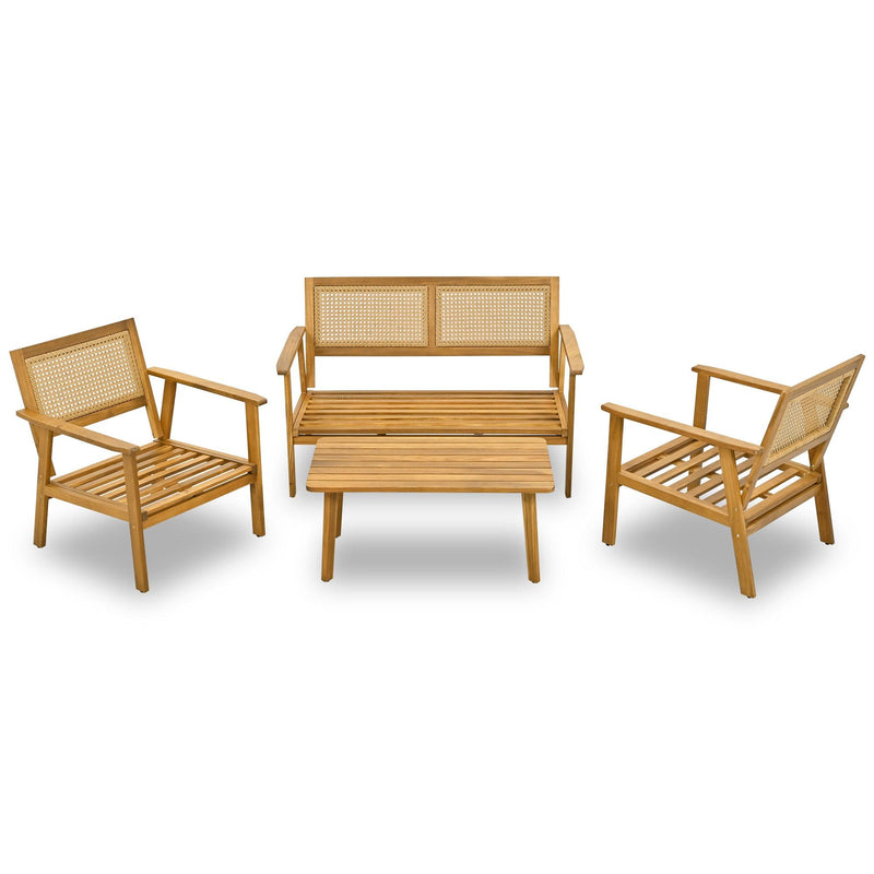 4 PCS Outdoor Living Space Acacia Wood Furniture Set with Mesh Design and Beige Cushions - Urban Living Furniture (Los Angeles, CA)