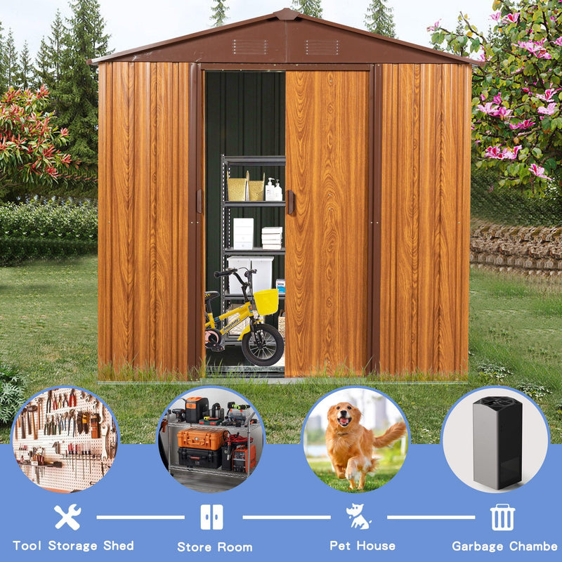 6ft x 6ft MetalStorage Shed with Woodgrain Design and Coffee Color Trim