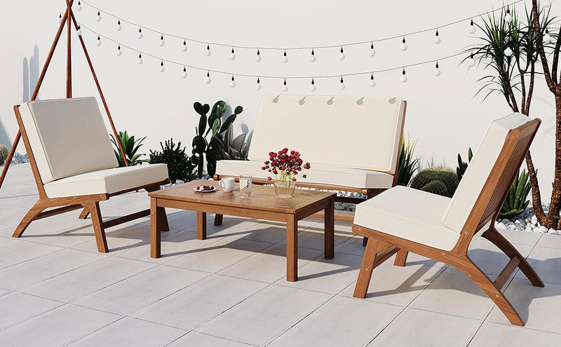 4 PCS Outdoor Patio V-shaped Brown Acacia Solid Wood and Beige Cushions - Urban Living Furniture (Los Angeles, CA)