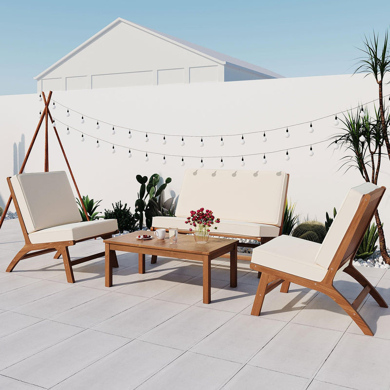 4 PCS Outdoor Patio V-shaped Brown Acacia Solid Wood and Beige Cushions - Urban Living Furniture (Los Angeles, CA)