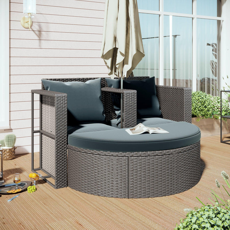 2 PCS OutdoorAll-Weather PE Wicker Rattan Seating Set with Half-moon Side Table and Gray Cushions