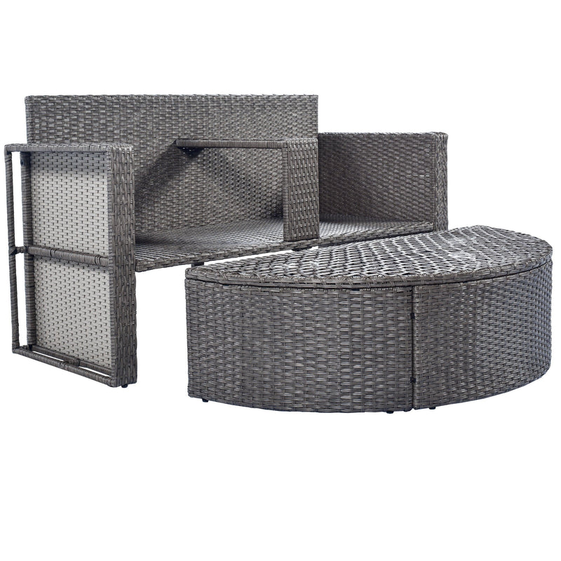 2 PCS OutdoorAll-Weather PE Wicker Rattan Seating Set with Half-moon Side Table and Gray Cushions