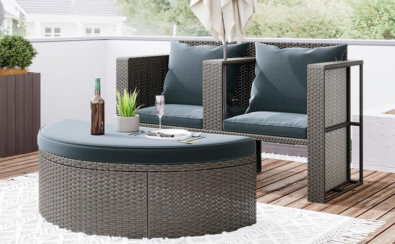 2 PCS OutdoorAll-Weather PE Wicker Rattan Seating Set with Half-moon Side Table and Gray Cushions - Urban Living Furniture (Los Angeles, CA)