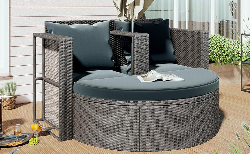 2 PCS OutdoorAll-Weather PE Wicker Rattan Seating Set with Half-moon Side Table and Gray Cushions