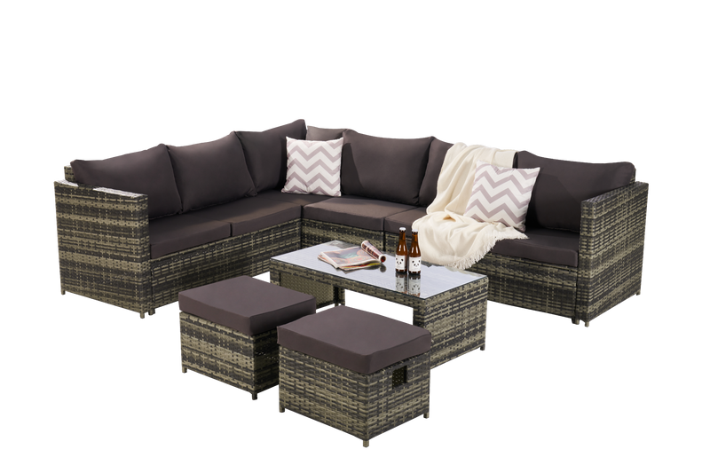 7PCS Outdoor Garden Rattan Seating Furniture Set with Dark Gray Cushions