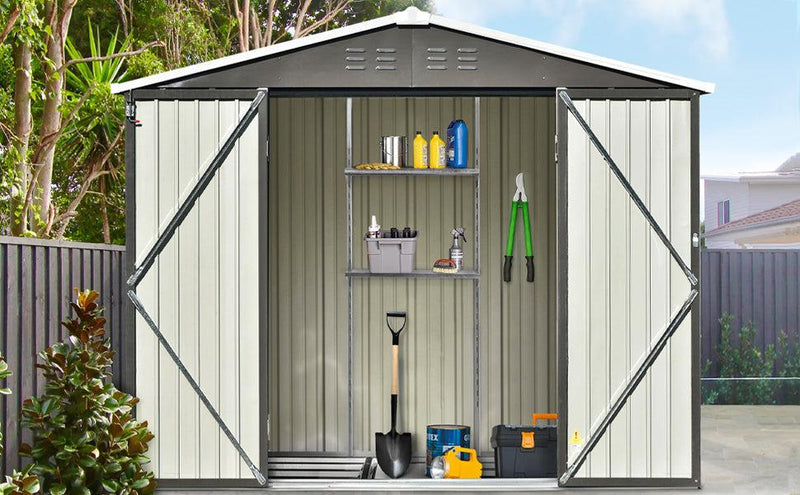 8ft x 6ft Outdoor Garden Lean-to Shed with Metal Adjustable Shelf and Lockable Doors - Gray