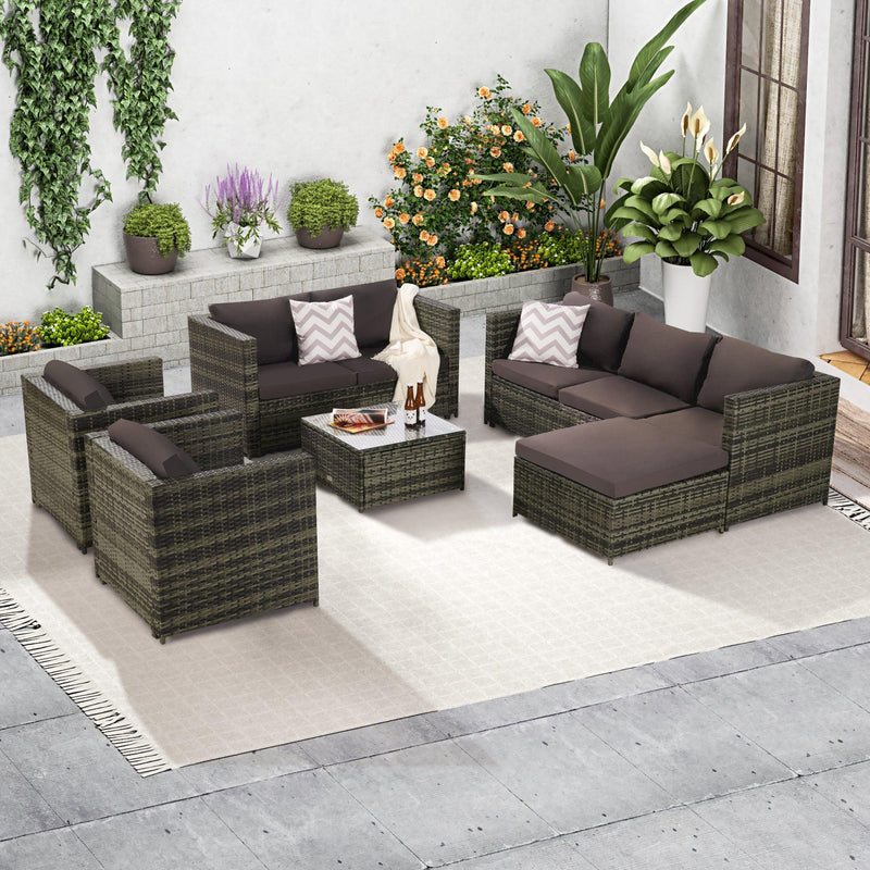 6 PCS Outdoor Garden Rattan Seating Group with Coffee Table and Dark Gray Cushions
