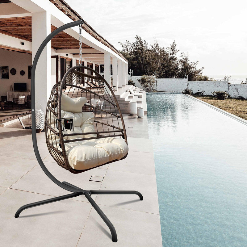 Indoor Outdoor Brown Wicker Rattan Patio Basket Egg Shaped Hanging Chair with C Type Bracket, Safe Rails, and Beige Cushion - Urban Living Furniture (Los Angeles, CA)