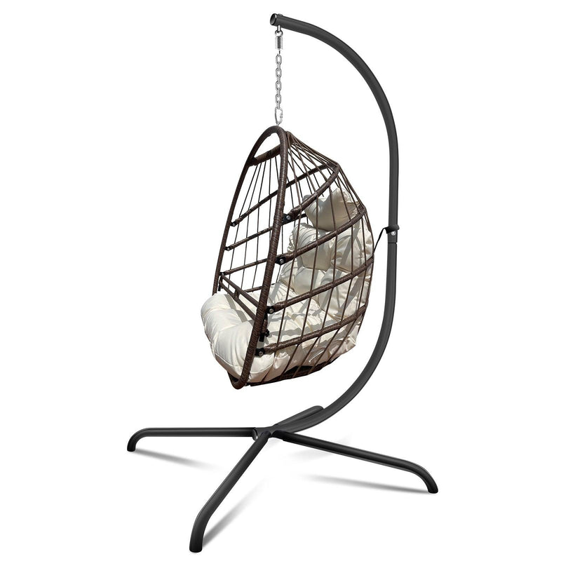 Indoor Outdoor Brown Wicker Rattan Patio Basket Egg Shaped Hanging Chair with C Type Bracket, Safe Rails, and Beige Cushion