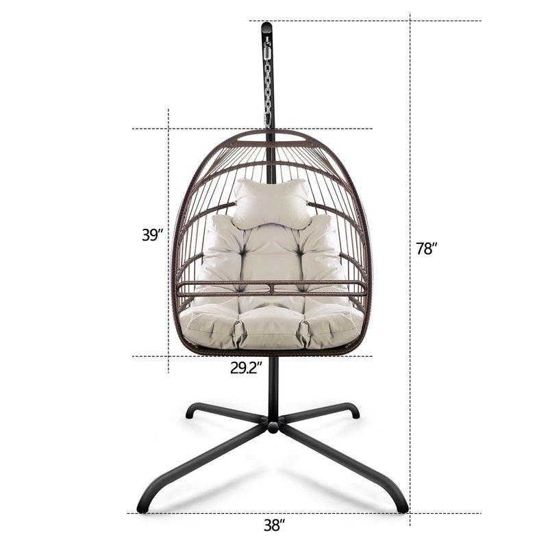 Indoor Outdoor Brown Wicker Rattan Patio Basket Egg Shaped Hanging Chair with C Type Bracket, Safe Rails, and Beige Cushion