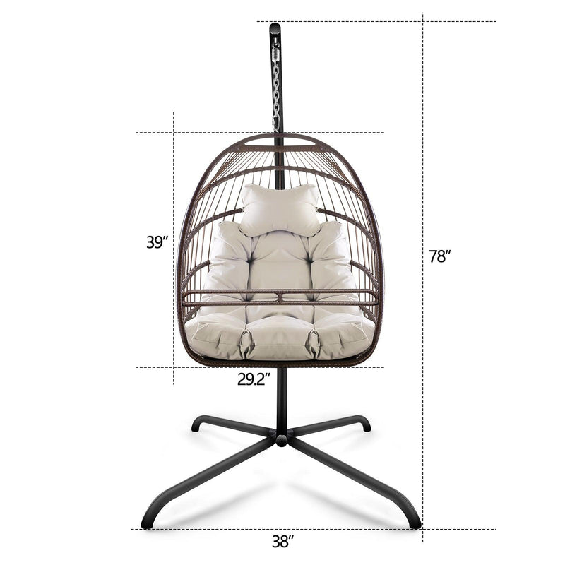 Indoor Outdoor Brown Wicker Rattan Patio Basket Egg Shaped Hanging Chair with C Type Bracket, Safe Rails, and Beige Cushion - Urban Living Furniture (Los Angeles, CA)