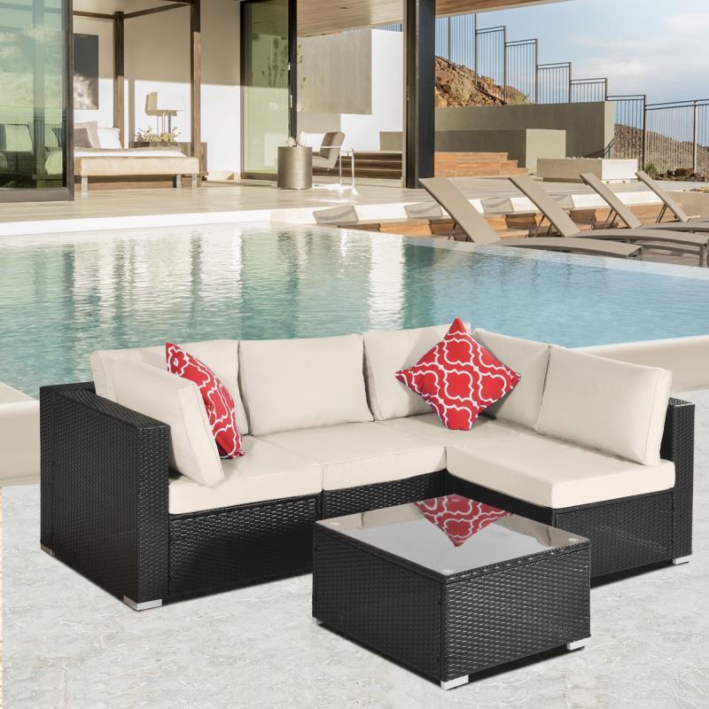 5 PCS Outdoor Garden Patio PE Rattan Wicker Cushioned Sofa Sets with 2 Pillows and Coffee Table