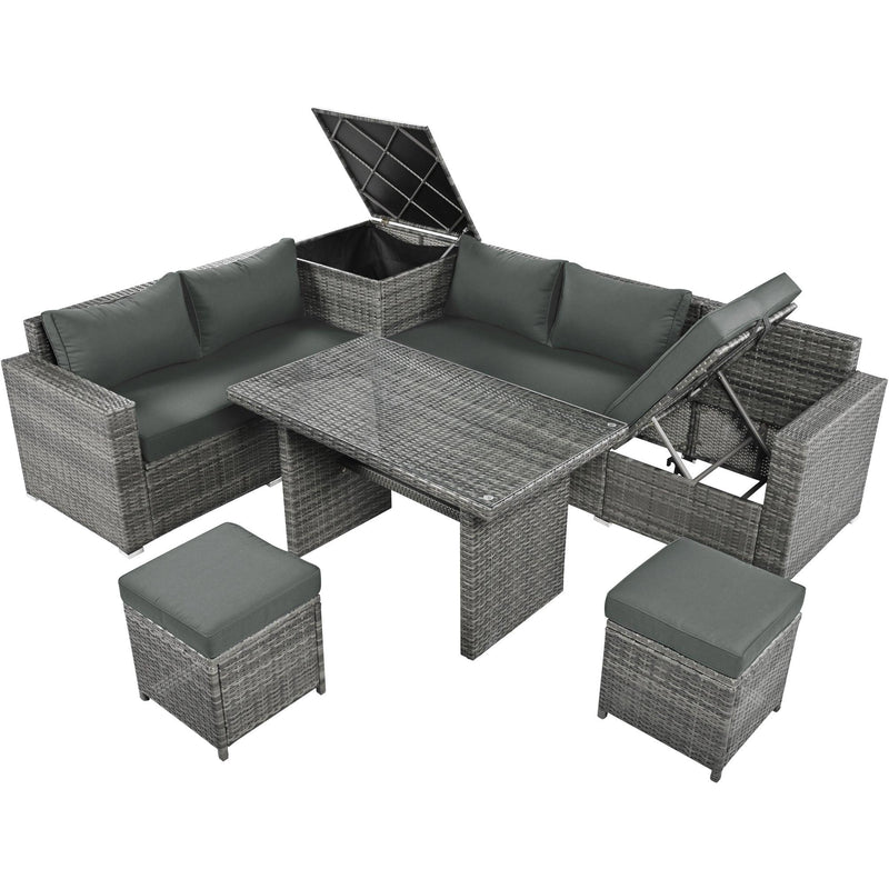 6 PCS Outdoor All Weather PE Rattan Sofa Set  with Adjustable Seat,Storage Box, Tempered Glass Top Table, and Gray Cushions