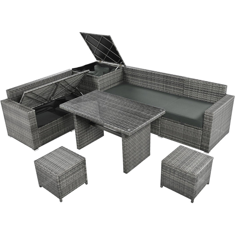 6 PCS Outdoor All Weather PE Rattan Sofa Set  with Adjustable Seat,Storage Box, Tempered Glass Top Table, and Gray Cushions
