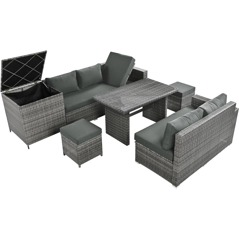 6 PCS Outdoor All Weather PE Rattan Sofa Set  with Adjustable Seat,Storage Box, Tempered Glass Top Table, and Gray Cushions - Urban Living Furniture (Los Angeles, CA)