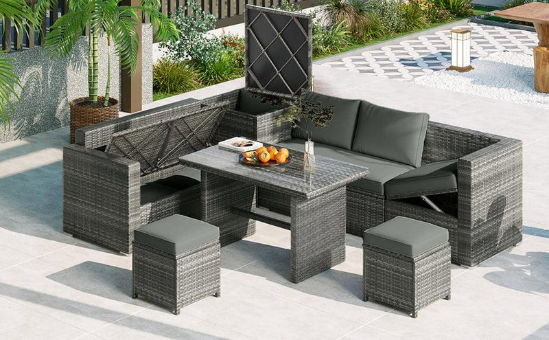 6 PCS Outdoor All Weather PE Rattan Sofa Set  with Adjustable Seat,Storage Box, Tempered Glass Top Table, and Gray Cushions - Urban Living Furniture (Los Angeles, CA)