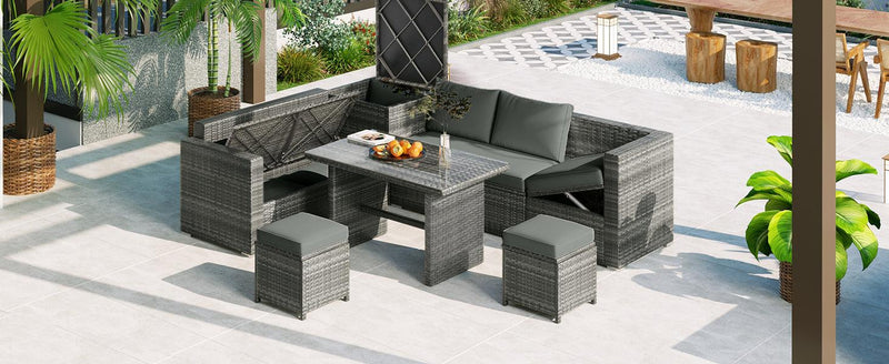 6 PCS Outdoor All Weather PE Rattan Sofa Set  with Adjustable Seat,Storage Box, Tempered Glass Top Table, and Gray Cushions - Urban Living Furniture (Los Angeles, CA)