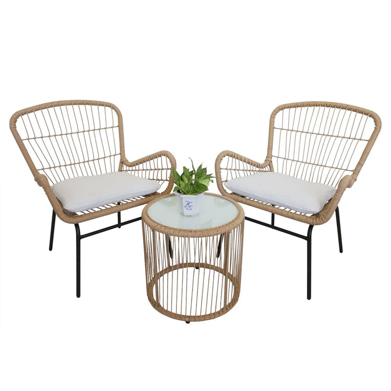 3 PCS Outdoor Balcony Patio Wicker Chairs with Glass Top Table and Soft White Cushions