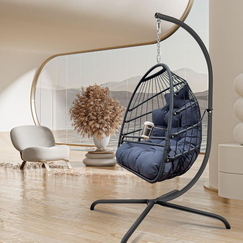 Indoor Outdoor Black Wicker Rattan Patio Basket Egg Shaped Hanging Chair with C Type Bracket, Safe Rails and Gray Cushion - Urban Living Furniture (Los Angeles, CA)