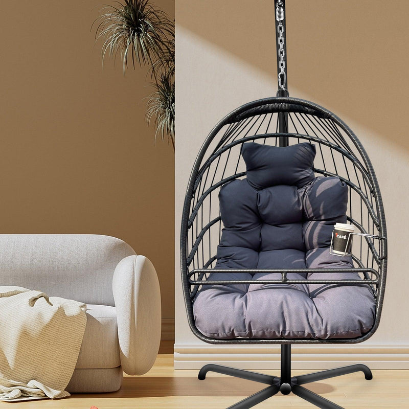 Indoor Outdoor Black Wicker Rattan Patio Basket Egg Shaped Hanging Chair with C Type Bracket, Safe Rails and Gray Cushion - Urban Living Furniture (Los Angeles, CA)