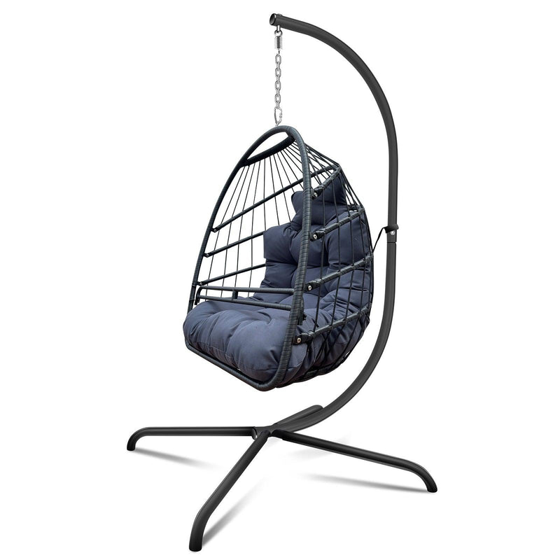 Indoor Outdoor Black Wicker Rattan Patio Basket Egg Shaped Hanging Chair with C Type Bracket, Safe Rails and Gray Cushion