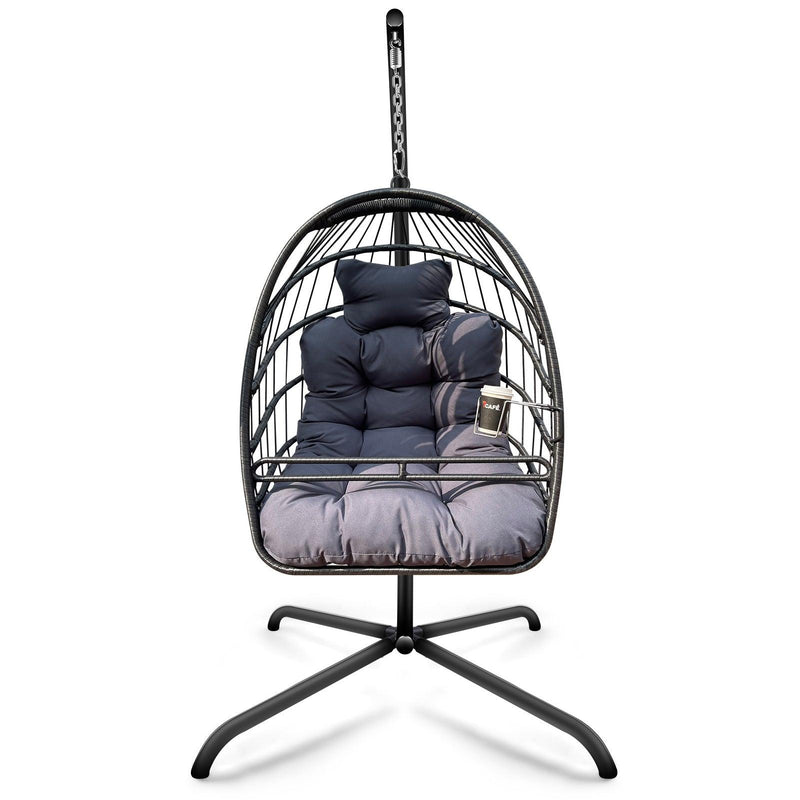 Indoor Outdoor Black Wicker Rattan Patio Basket Egg Shaped Hanging Chair with C Type Bracket, Safe Rails and Gray Cushion