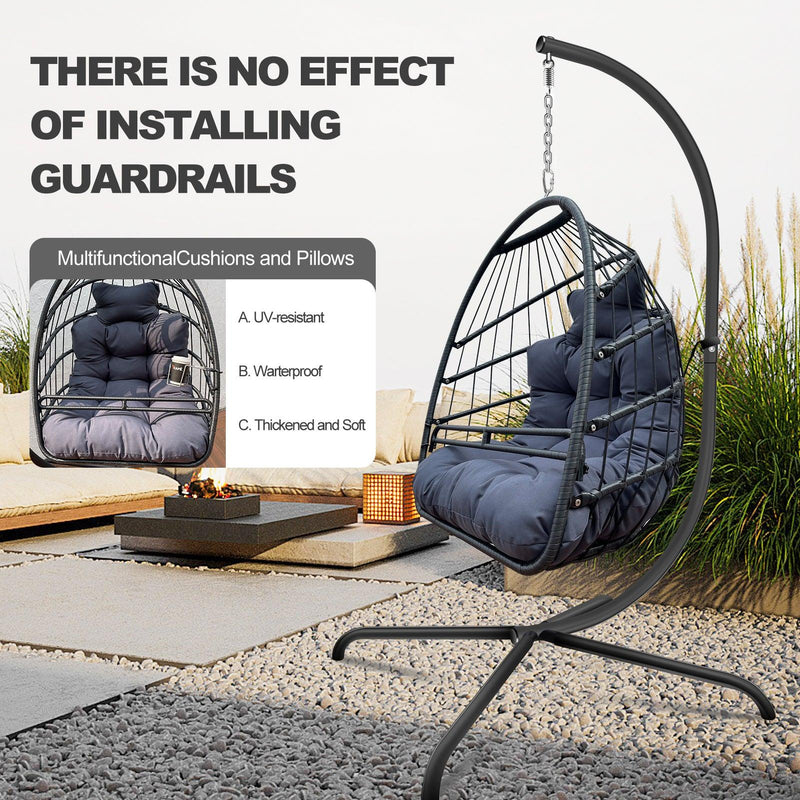 Indoor Outdoor Black Wicker Rattan Patio Basket Egg Shaped Hanging Chair with C Type Bracket, Safe Rails and Gray Cushion - Urban Living Furniture (Los Angeles, CA)