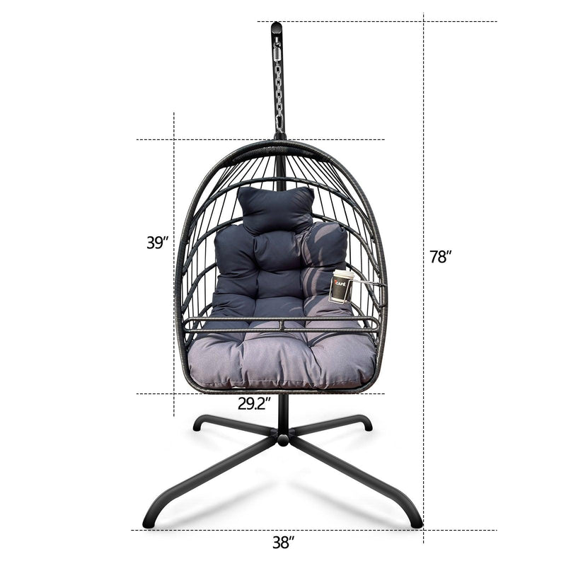 Indoor Outdoor Black Wicker Rattan Patio Basket Egg Shaped Hanging Chair with C Type Bracket, Safe Rails and Gray Cushion