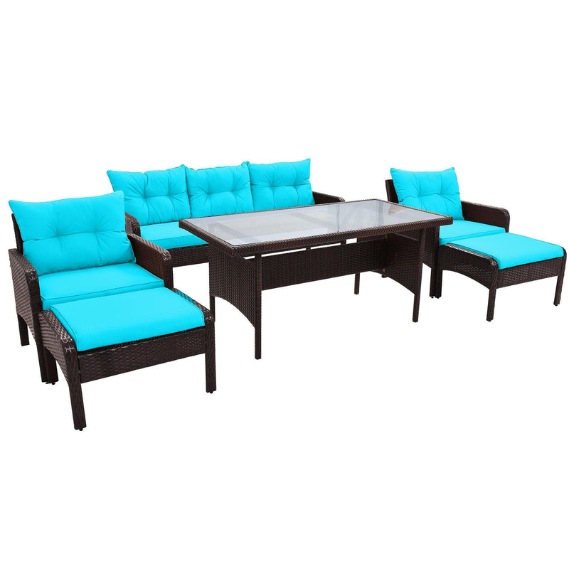 6 PCS Outdoor Patio PE Wicker Rattan Sofa Set Dining Table Set with and Tempered Glass Tea Table and Blue Cushions