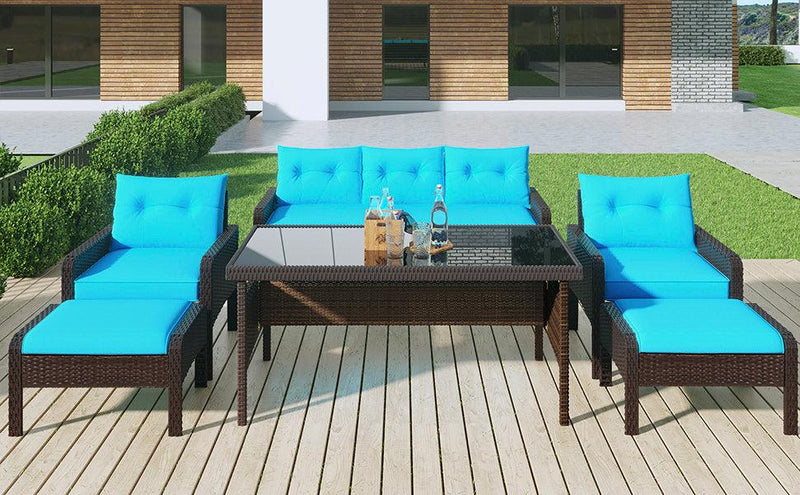 6 PCS Outdoor Patio PE Wicker Rattan Sofa Set Dining Table Set with and Tempered Glass Tea Table and Blue Cushions