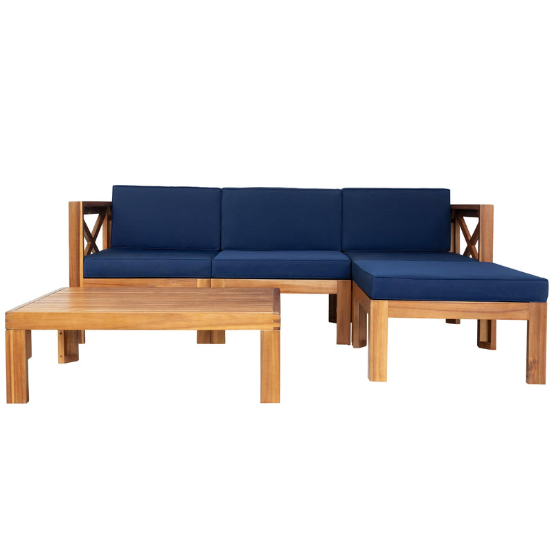 5 PCS Outdoor Backyard Patio Wood Sectional Sofa Seating Group Set with Blue Cushions