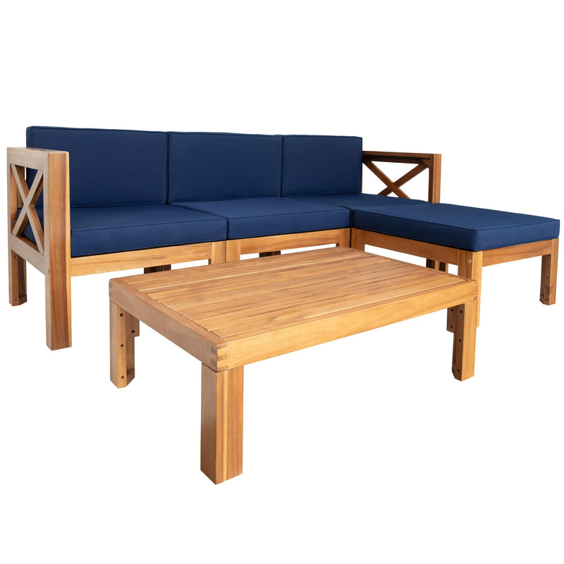 5 PCS Outdoor Backyard Patio Wood Sectional Sofa Seating Group Set with Blue Cushions