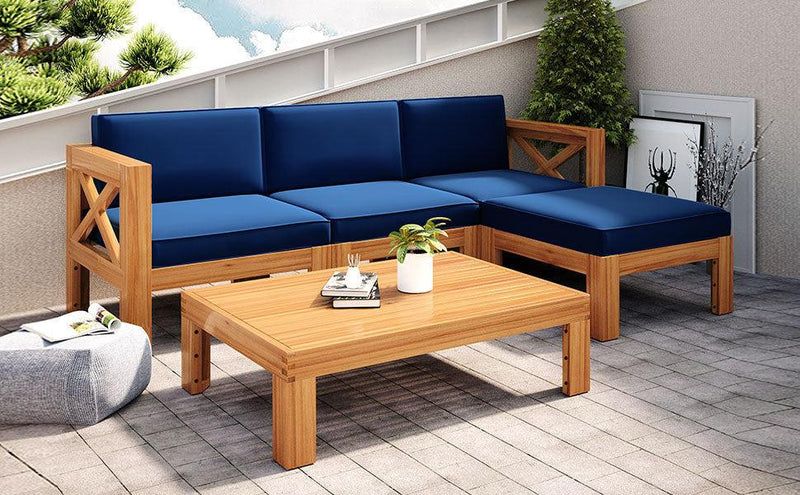 5 PCS Outdoor Backyard Patio Wood Sectional Sofa Seating Group Set with Blue Cushions