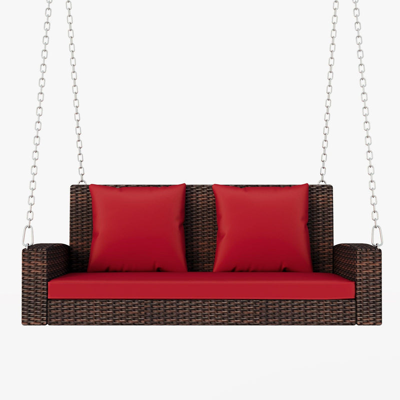 2-Person Brown Wicker Hanging Porch Swing with Chains, Red Cushions and Pillows