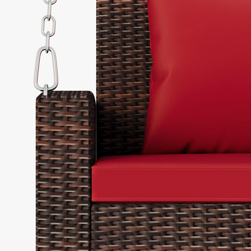 2-Person Brown Wicker Hanging Porch Swing with Chains, Red Cushions and Pillows