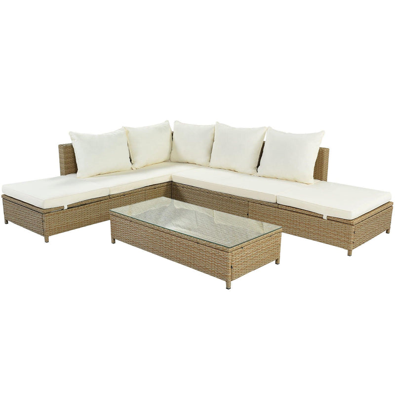 3 PCS Outdoor Patio All Weather Rattan PE Wicker Sectional Set with Adjustable Chaise Lounge Frame and Tempered Glass Table, Natural Brow nand Beige Cushion - Urban Living Furniture (Los Angeles, CA)