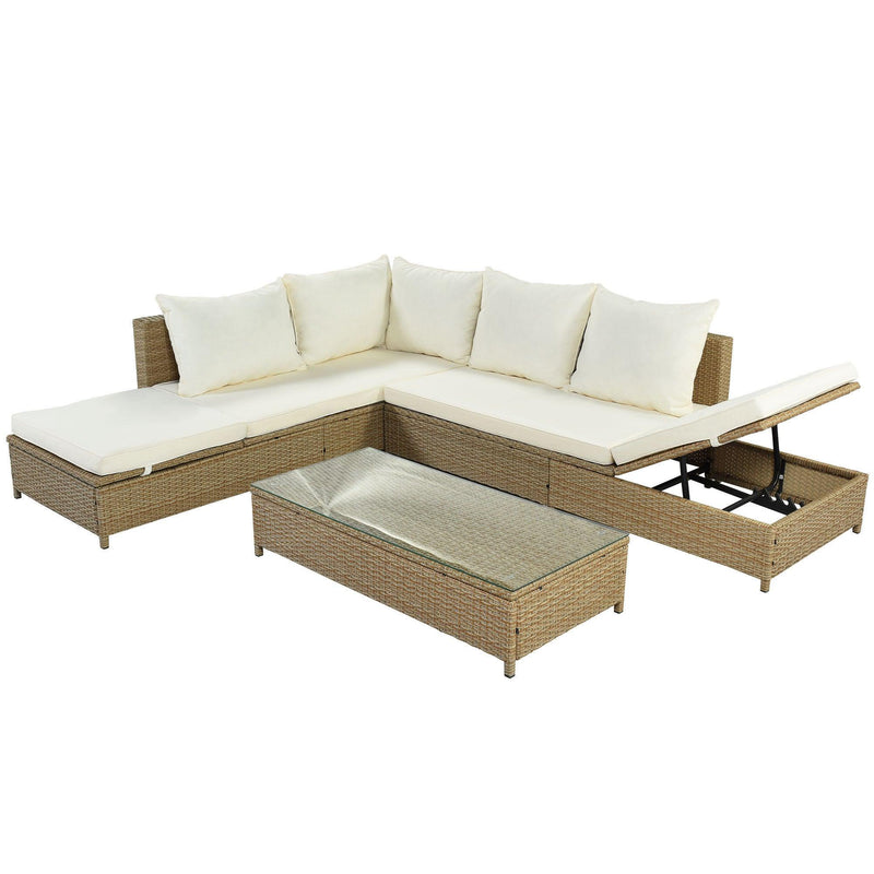 3 PCS Outdoor Patio All Weather Rattan PE Wicker Sectional Set with Adjustable Chaise Lounge Frame and Tempered Glass Table, Natural Brow nand Beige Cushion