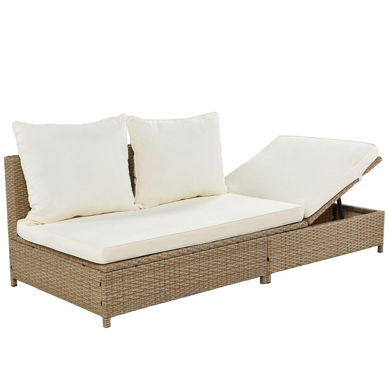 3 PCS Patio RattanAll Weather PE Wicker Sectional Set with Adjustable Chaise Lounge Frame and Tempered Glass Table, Natural Brown and Beige Cushion