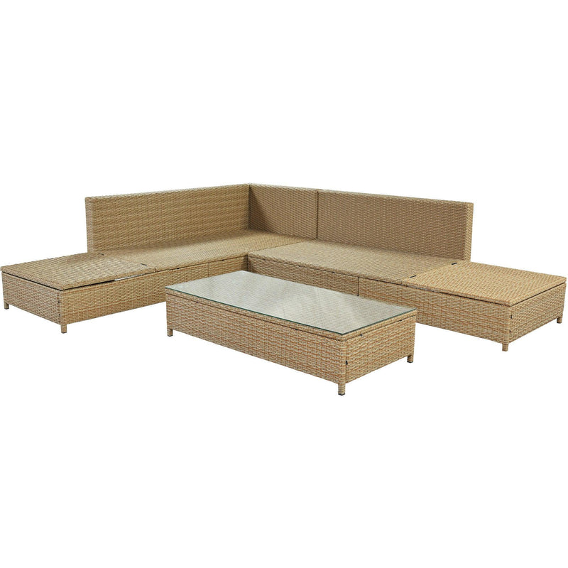 3 PCS Outdoor Patio All Weather Rattan PE Wicker Sectional Set with Adjustable Chaise Lounge Frame and Tempered Glass Table, Natural Brow nand Beige Cushion
