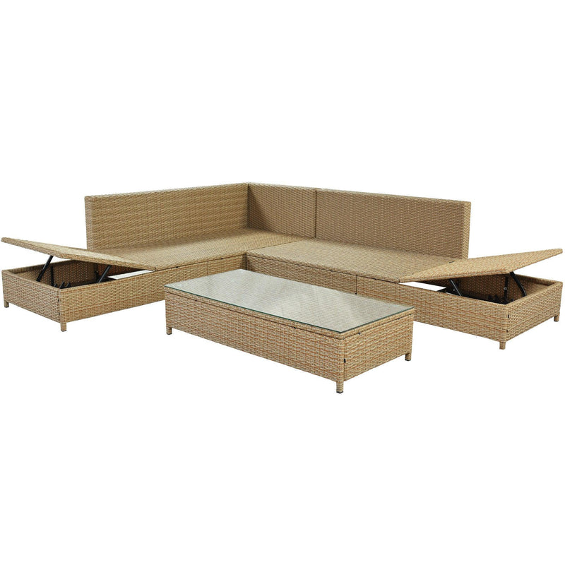 3 PCS Outdoor Patio All Weather Rattan PE Wicker Sectional Set with Adjustable Chaise Lounge Frame and Tempered Glass Table, Natural Brow nand Beige Cushion - Urban Living Furniture (Los Angeles, CA)