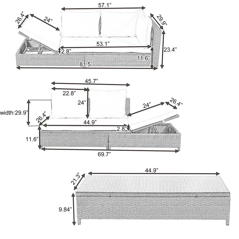 3 PCS Outdoor Patio All Weather Rattan PE Wicker Sectional Set with Adjustable Chaise Lounge Frame and Tempered Glass Table, Natural Brow nand Beige Cushion - Urban Living Furniture (Los Angeles, CA)
