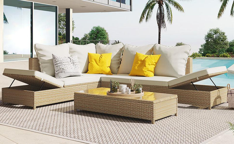 3 PCS Outdoor Patio All Weather Rattan PE Wicker Sectional Set with Adjustable Chaise Lounge Frame and Tempered Glass Table, Natural Brow nand Beige Cushion - Urban Living Furniture (Los Angeles, CA)