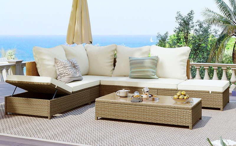 3 PCS Patio RattanAll Weather PE Wicker Sectional Set with Adjustable Chaise Lounge Frame and Tempered Glass Table, Natural Brown and Beige Cushion