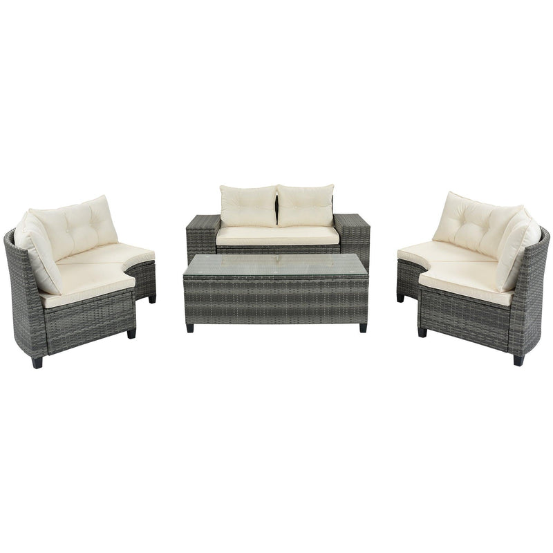 8 PCS Outdoor All Weather Wicker Rattan Half-Moon Sectional Set with Coffee Table and Movable Beige Cushions