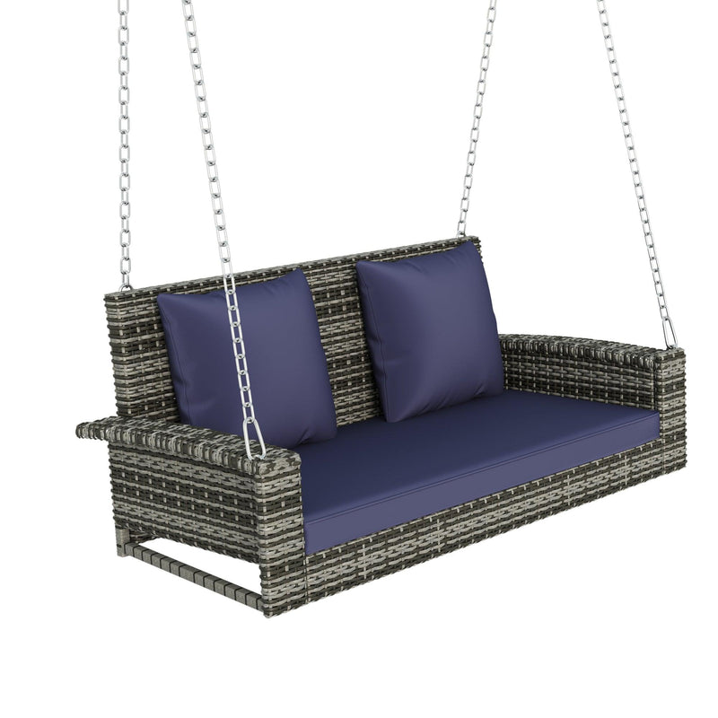 2-Person Gray Wicker Hanging Porch Swing with Chains, Blue Cushions and Pillows